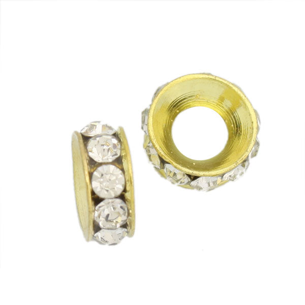 10 MM RHINESTONE RONDELLE SPACER GOLD / CLEAR - 4 PCS