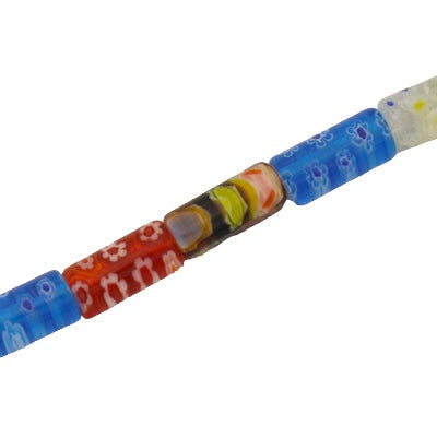 12 X 6 MM TUBE GLASS MILLEFIORI BEADS MIX COLOURS - APPROX 33 PCS