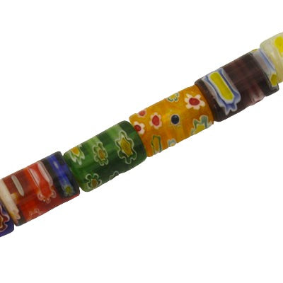 12 X 8 MM TUBE GLASS MILLEFIORI BEADS MIX COLOURS - APPROX 32 PCS