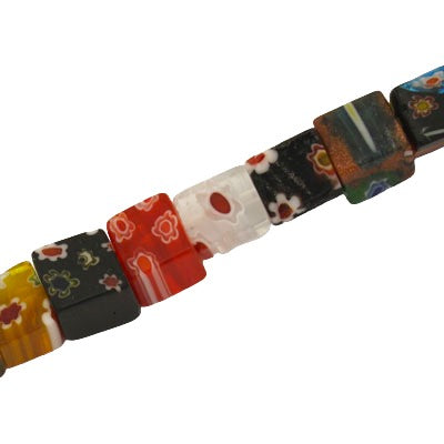 8 MM CUBE GLASS MILLEFIORI BEADS MIX COLOURS - APPROX 48 PCS