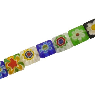 8 MM FLAT SQUARE GLASS MILLEFIORI BEADS MIX COLOURS - APPROX 48 PCS
