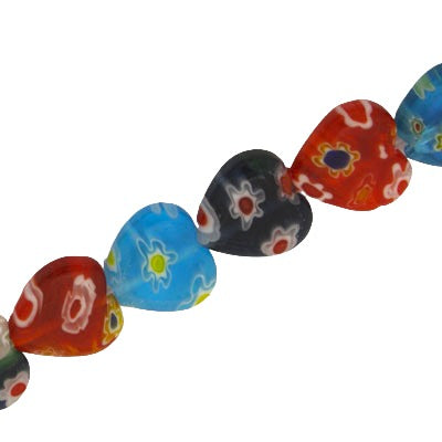 12 MM HEART GLASS MILLEFIORI BEADS MIX COLOURS - APPROX 32 PCS
