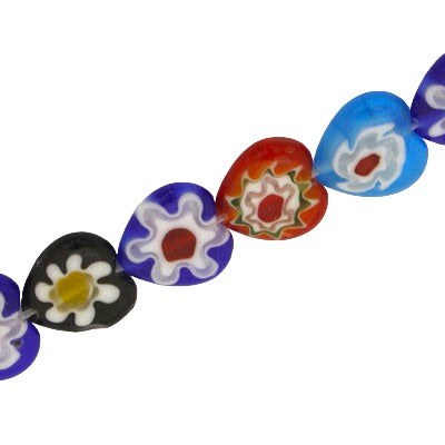 10 MM HEART GLASS MILLEFIORI BEADS MIX COLOURS - APPROX 38 PCS