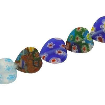 14 MM HEART GLASS MILLEFIORI BEADS MIX COLOURS - APPROX 28 PCS