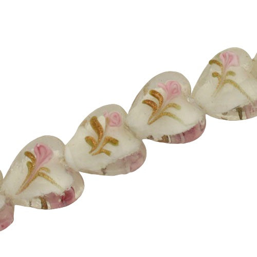 15 MM GLASS HEART BEADS WHITE - 25 PCS