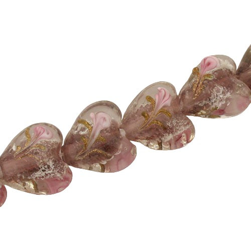 15 MM GLASS HEART BEADS PLUM - 25 PCS