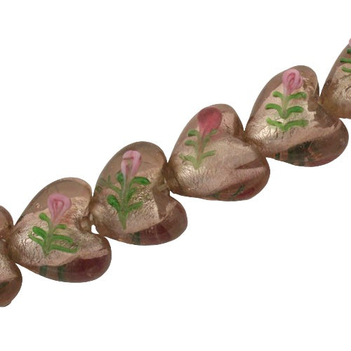 15 MM GLASS HEART BEADS FOIL LINED PLUM - 25 PCS