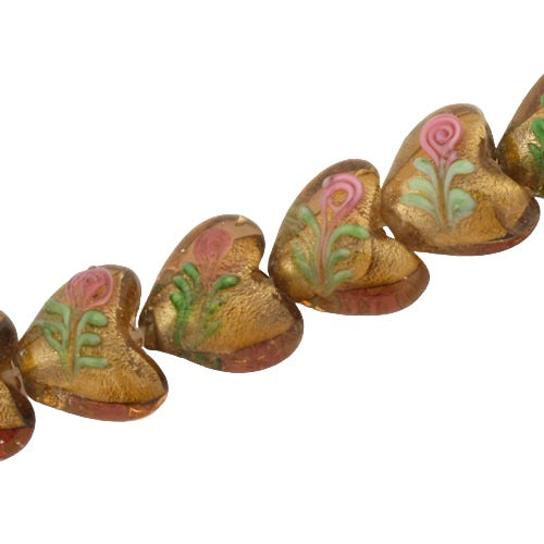 15 MM GLASS HEART BEADS FOIL LINED HONEY - 25 PCS