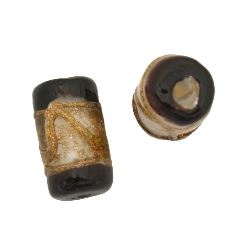 15 X 9 MM GLASS TUBE BEAD WHITE BLACK COPPER - 1 PC