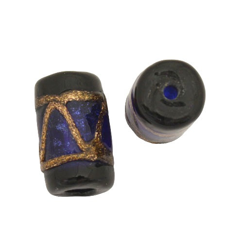 15 X 9 MM GLASS TUBE BEAD ROYAL BLUE BLACK COPPER - 1 PC