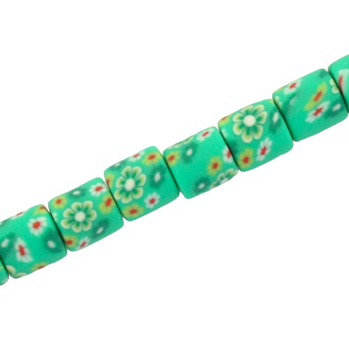 6 MM POLYMER CLAY TUBE BEADS LT GREEN WITH FLOWER PATTERN - 60 PCS