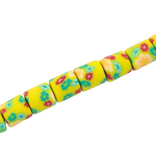 6 MM POLYMER CLAY TUBE BEADS YELLOW WITH FLOWER PATTERN - 60 PCS