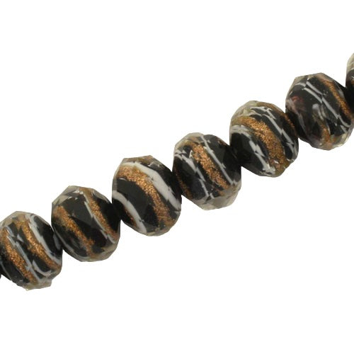 12 X 8 MM FACETED RONDELLE BLACK WITH WHITE AND COPPER SWIRL - 45 PCS