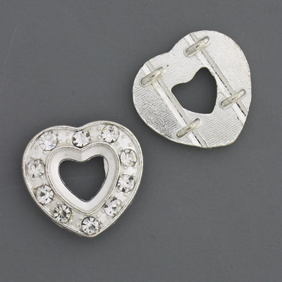 16 mm Silver with Clear Rhinestone 2 Hole Heart Slider - 6 pcs