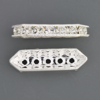 27 x 8 mm Silver with Clear Rhinestone 5 hole spacer - 8 pcs