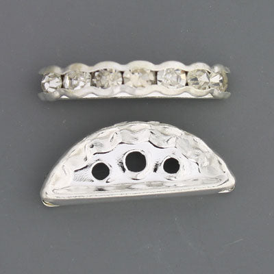 19 x 7 mm Silver with Clear Rhinestone 3 hole Half Moon spacer - 8 pcs