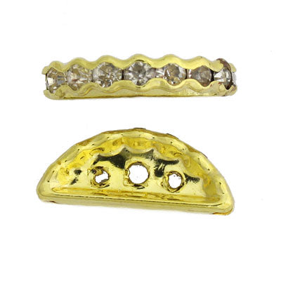 19 x 7 mm Gold with Clear Rhinestone 3 hole Half Moon spacer - 10 pcs