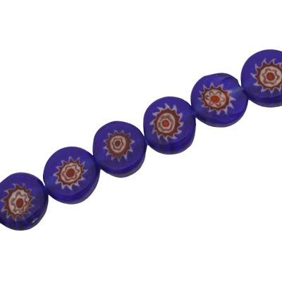 8 MM FLAT ROUND MILLEFIORI BEADS RY BLUE / RED / WHITE - 48 PCS