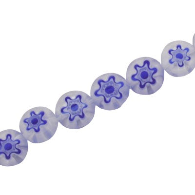 8 MM FLAT ROUND MILLEFIORI BEADS BLUE /  WHITE - 48 PCS