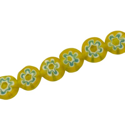 8 MM FLAT ROUND MILLEFIORI BEADS YELLOW / WHITE / AQUA - 48 PCS