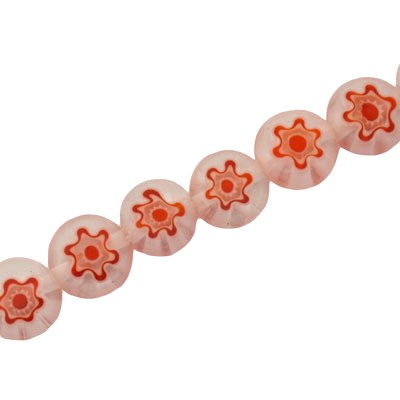 8 MM FLAT ROUND MILLEFIORI BEADS RED /  WHITE - 48 PCS