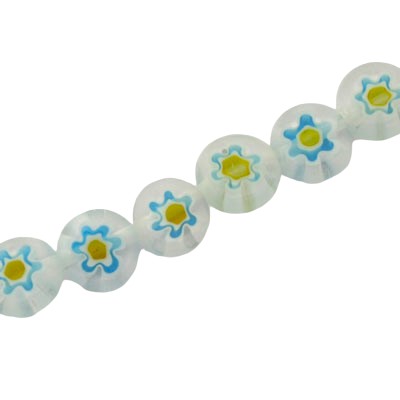 8 MM FLAT ROUND MILLEFIORI BEADS AQUA / YELLOW /  WHITE - 48 PCS