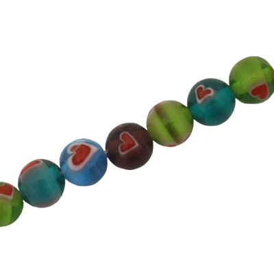 8 MM ROUND BEADS MIX COLOURS WITH RED HEART - 48 PCS