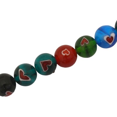 10 MM ROUND BEADS MIX COLOURS WITH RED HEART - 38 PCS