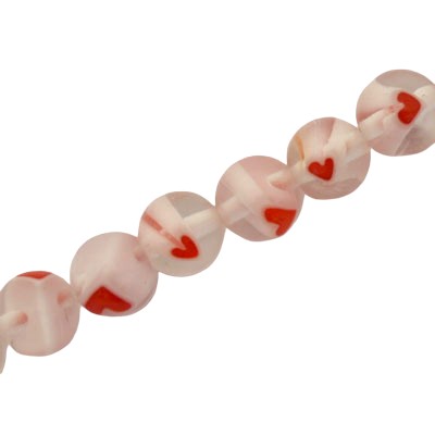 8 MM ROUND BEADS WHITE WITH RED HEART - 48 PCS