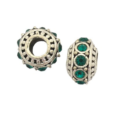 11 X 7 MM BEAD (5MM HOLE) SILVER WITH GREEN RHINESTONES - 4 PCS