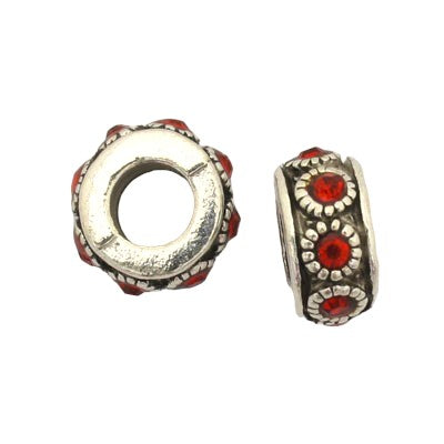 10 MM (5 MM HOLE) SILVER WITH RED RHINESTONES - 4 PCS