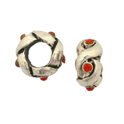 10 MM (6 MM HOLE) SILVER WITH RED RHINESTONES - 4 PCS