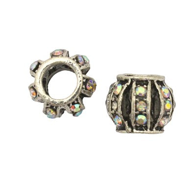 10 X 8 MM BEADS (5 MM HOLE) SILVER WITH AB RHINESTONES - 4 PCS