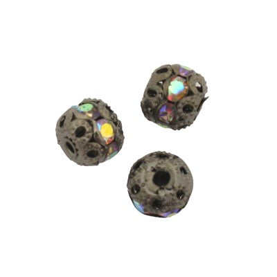 6 MM BLACK FILIGREE BEADS WITH AB RHINESTONES - 20 PCS
