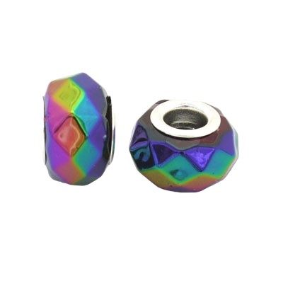 14 MM (5 MM HOLE) LARGE HOLE BEADS - FACETED BLACK OIL SLICK - 10 PCS