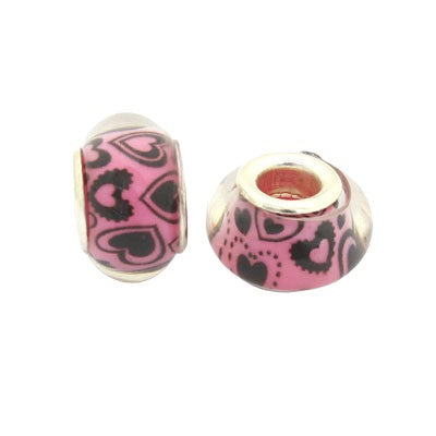 14 MM (5 MM HOLE) LARGE HOLE BEADS - PINK WITH BLACK HEARTS - 10 PCS