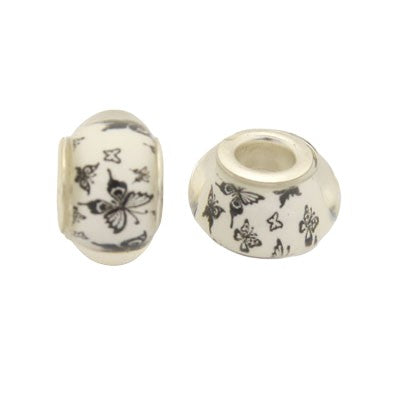 14 MM (5 MM HOLE) LARGE HOLE BEADS - WHITE WITH BLACK BUTTERFLYS - 10 PCS