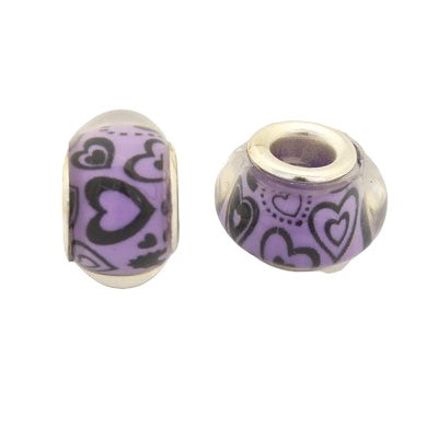 14 MM (5 MM HOLE) LARGE HOLE BEADS - PURPLE WITH BLACK HEARTS - 10 PCS