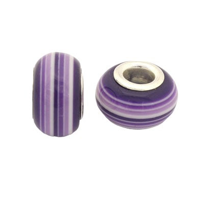 14 MM (5 MM HOLE) LARGE HOLE BEADS - PURPLE STRIPE - 10 PCS