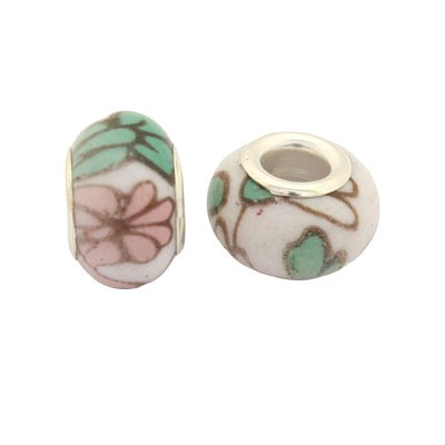 14 MM (5 MM HOLE) LARGE HOLE BEADS - WHITE WITH FLOWERS - 10 PCS