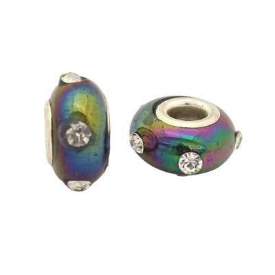 14 MM (5 MM HOLE) LARGE HOLE BEADS - OIL SLICK WITH DIAMONTE  - 5 PCS