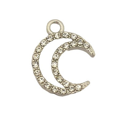 MOON CHARM 17 MM SILVER  / WHITE WITH DIAMANTES - 5 PCS