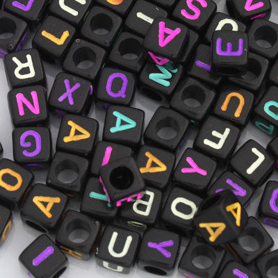 6 MM CUBE ALPHABET BEADS BLACK / MIX COLOURS -50 PCS