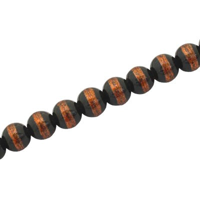 6 MM ROUND GLASS BEADS BLACK / ORANGE LINED - 135 PCS