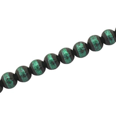 6 MM ROUND GLASS BEADS BLACK / GREEN LINED - 135 PCS