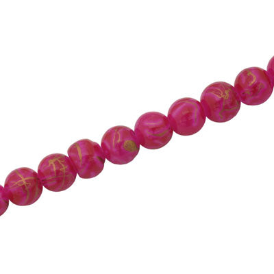 6 MM ROUND GLASS BEADS HOT PINK WITH GOLD SWIRL - 135 PCS