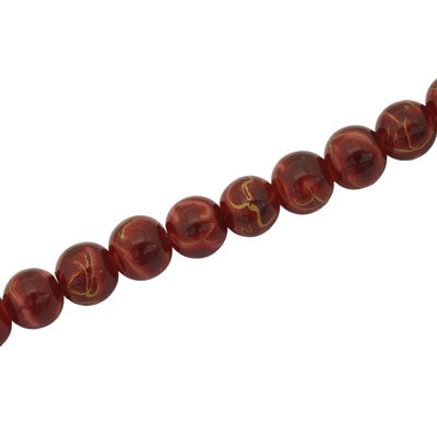 6 MM ROUND GLASS BEADS RED WITH GOLD SWIRL - 135 PCS