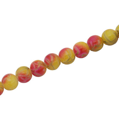 6 MM ROUND GLASS BEADS PINK / YELLOW WITH GOLD SWIRL - 135 PCS