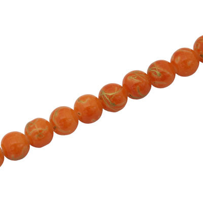 6 MM ROUND GLASS BEADS ORANGE WITH GOLD SWIRL - 135 PCS