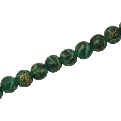 6 MM ROUND GLASS BEADS GREEN WITH GOLD SWIRL - 135 PCS